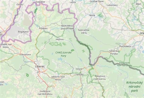 Mapa Jizerských hor s vyznačením obce Kořenov