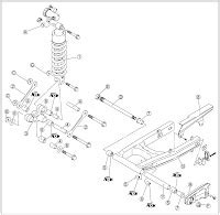 Detail zadní kyvné vidlice a tlumiče