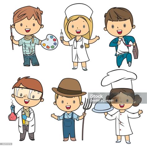 Ilustrace zobrazující různé profese a řemesla