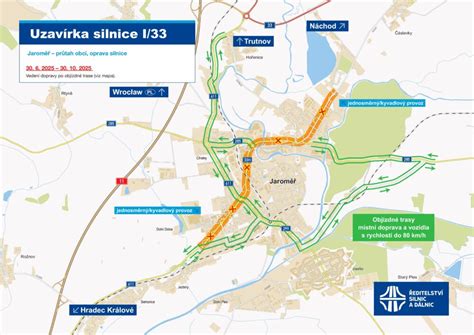 Mapa tras I/33 a blízkého okolí Jaroměře