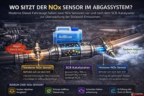 Infografika znázorňující princip NOx senzoru v systému SCR a jeho spojení s AdBlue
