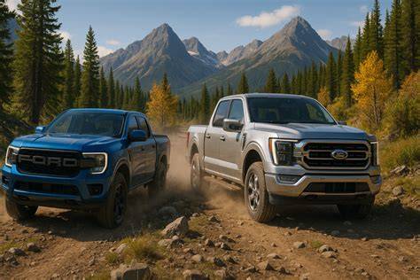 Schéma porovnání rozměrů a montáže lemů pro Ford Ranger vs. Ford F-150.