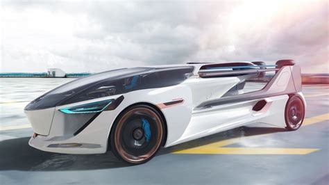 Koncept létajícího automobilu s rozloženými křídly