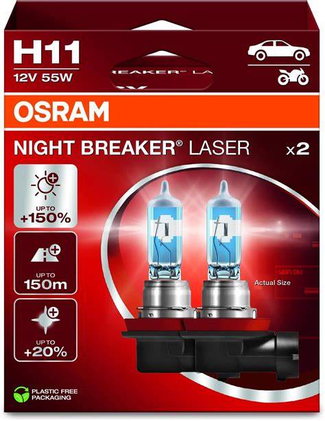 Obrázek ukazuje srovnání typů autosvětelných žárovek včetně Night Breaker Laser a Cool Blue Boost