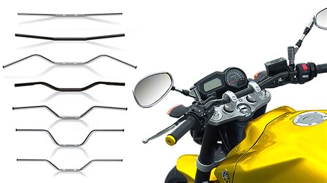 Různé typy motocyklových řídítek: duralová, chromovaná, kuželová