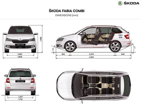 Ilustrativní schéma rozložení interiéru a zavazadlového prostoru Škoda Fabia kombi