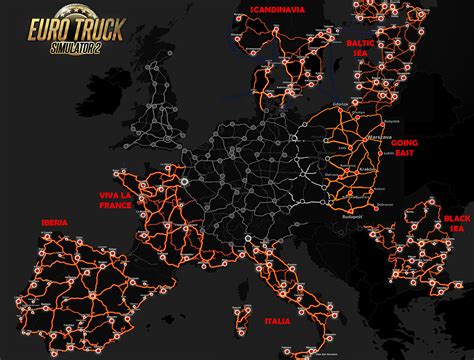 Mapa trasy v ETS2 s vyznačením míst vhodných pro testování řízení (dálnice, průjezdy městy)