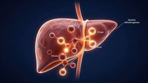 Infografika průběhu metabolismu alkoholu v těle: z žaludku do jater, acetaldehyd, adicí enzymů a cesta krví