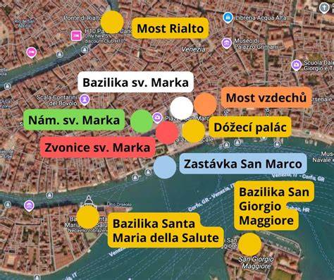 Mapa historického centra Benátek se zdůrazněním Rialta