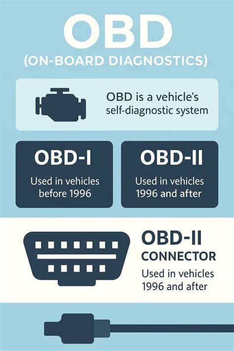 Infografika: Přehled diagnostických protokolů OBD-II vs. OBD-I a redukce konektorů