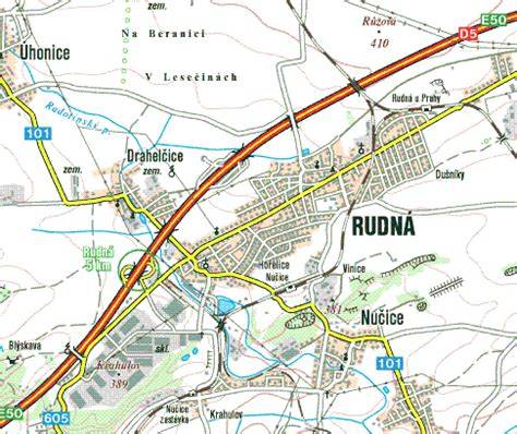Mapa lokality Rudná a Drahelčice s vyznačením oblastí dosahu havarijní služby