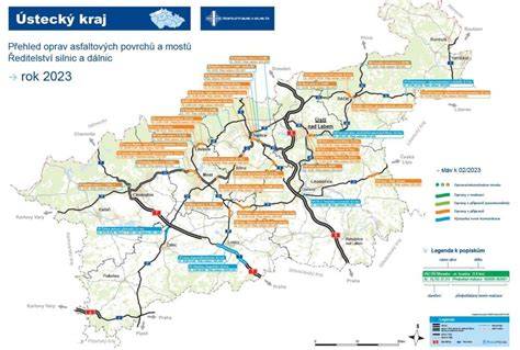 Infografika znázorňující rozložení dopravních uzavírek v Ústeckém kraji s hlavními uzavírkami u Dušníků, Děčína a Litoměřic
