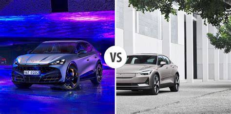 Infografika: srovnání modelů Polestar a klíčových konkurentů (4,3-4,7 s dojezdem, výkon, kapacita baterie)