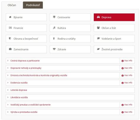 screenshot Portálu dopravy s nabídkou služeb