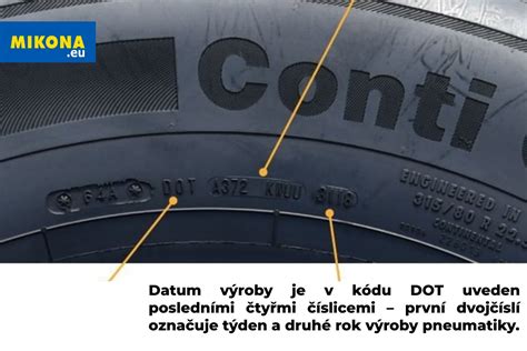 Příklad kódu DOT na bočnici pneumatiky s vyznačeným datem výroby.