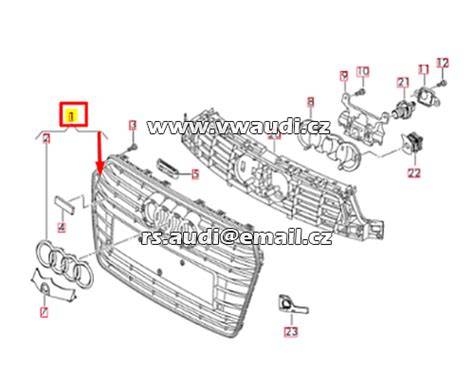 Infografika: Struktura předního nárazníku Audi A6 včetně mřížek mlhovek