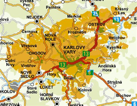 Mapa okolí Karlových Varů s Goethovou vyhlídkou a cyklostezkou Ohře