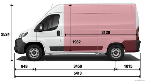 Schéma rozměrů Fiat Ducato s vyznačením délky, šířky a výšky