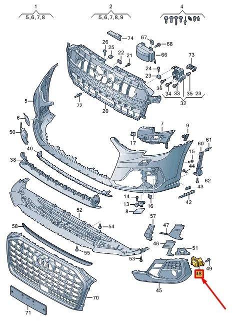 Infografika: Komponenty predni narazniku Audi A8 a jejich montáž