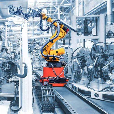 pohled na výrobní halu Audi Maďarsko s roboty