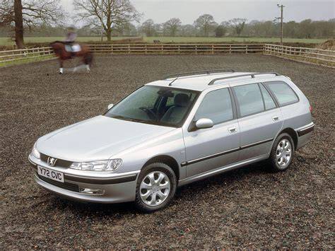 Infografika znázorňující rozložení kufru a základní technické parametry jednotlivých motorů Peugeot 406 Break (Phase I, 1996)