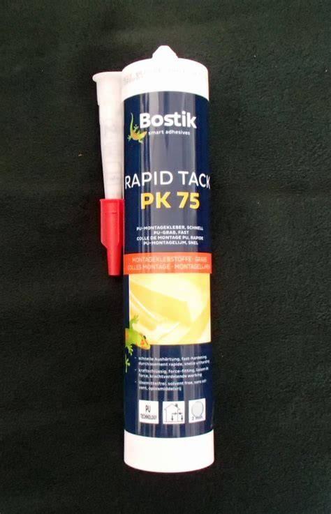 Obrázek ukazující široké spektrum použití Bostik Rapid Tack PK75 a jeho aplikace na dřevo, kov a kámen