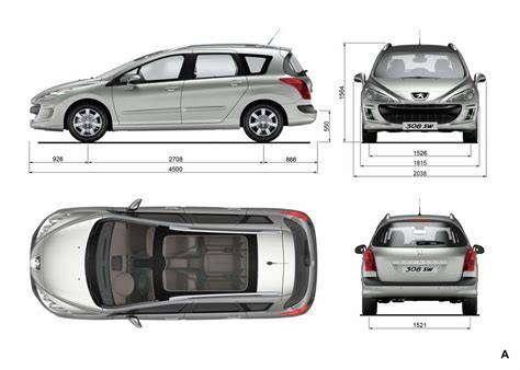 GRAFIKA: Rozměry a rozvor podvozku Peugeot 308 SW (2708 mm) a rozšíření zadního převisu