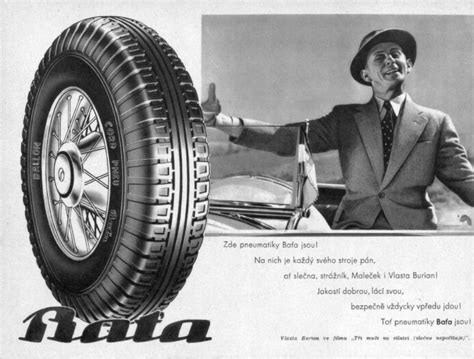 Ilustrace dobového reklamního plakátu značky Baťa s pneumatikami