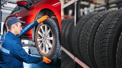 Mechanici měnící brzdy a pneumatiky během servisu