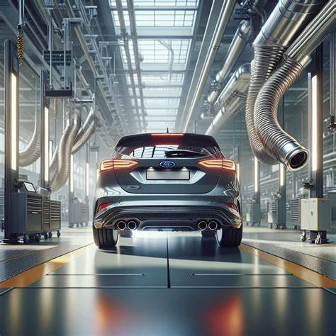 Infografika ukazující uspořádání zadních dílů výfuku Ford Focus: tlumič, koncovka, držáky a propojení s trubkou