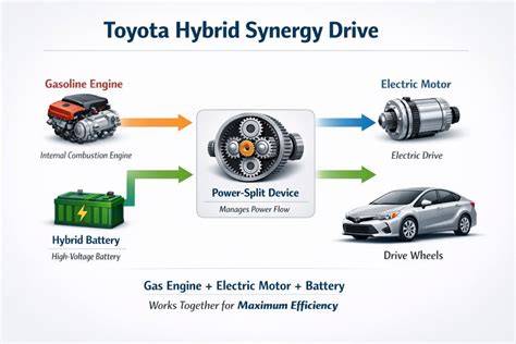 Schéma energetického toku Prius Hybrid Synergy Drive.