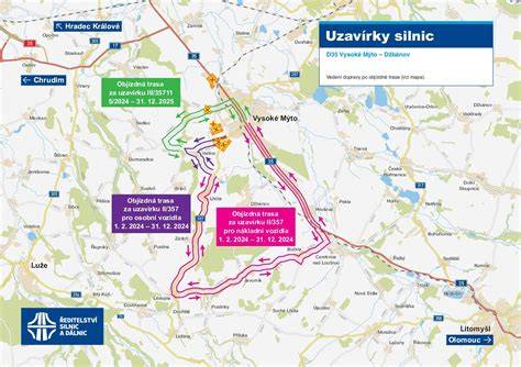 Mapa ukazující trasu I/35 u Litomyšle, objízdné trasy Sedliště a okolí