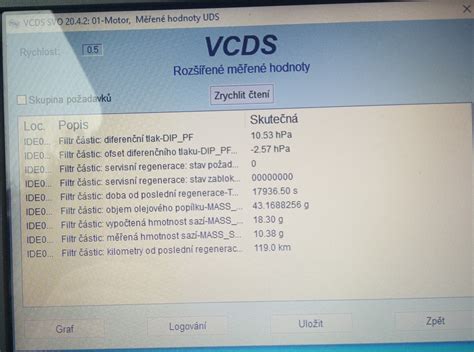 ukázka diagnostického softwaru zobrazujícího hodnoty DPF