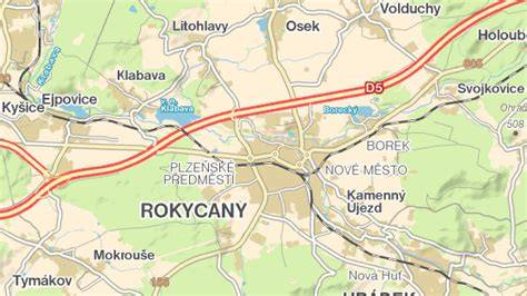 Mapa regionu ukazující Svojkovice, Rokycany, D5 a trať 170