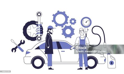 Ilustrace interiéru autoservisu s vystaveným nářadím a autodíly