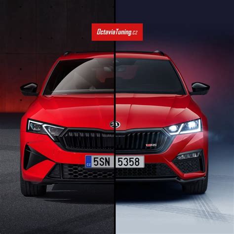 Přední světlomety třetí generace Škody Octavia po faceliftu, které jsou rozdělené.