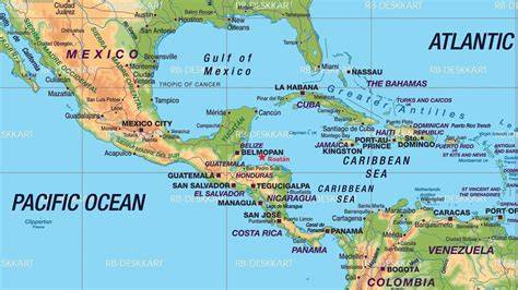 Mapa Karibiku s vyznačenými hlavními přístavy Miami, Fort Lauderdale, Nassau a Panama City