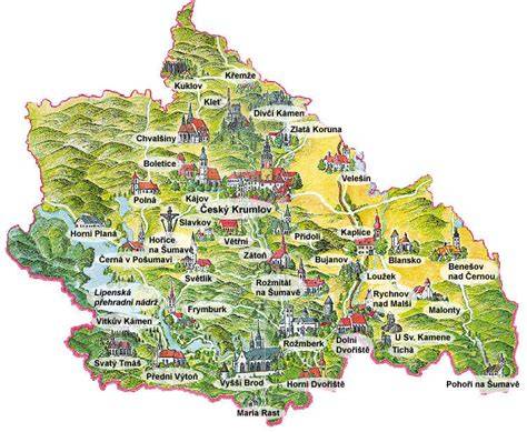 Mapa: vyznačení Vráta, historických památek a ekologických zón v okolí Českých Budějovic