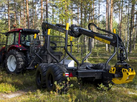 Ilustrace různých typů lesnických vyvážeček s různými podvozky a hydraulickými rukami.
