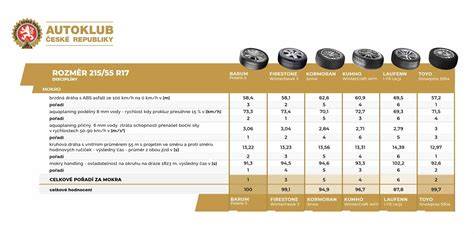 Infografika: Výsledky testu zimních pneumatik 225/45 R17 - pořadí a klíčové vlastnosti jednotlivých modelů