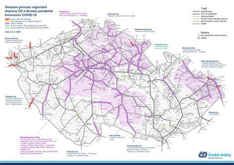 Mapa regionálních linek ČD s vyznačením trasy Klatovy - Plzeň - Praha