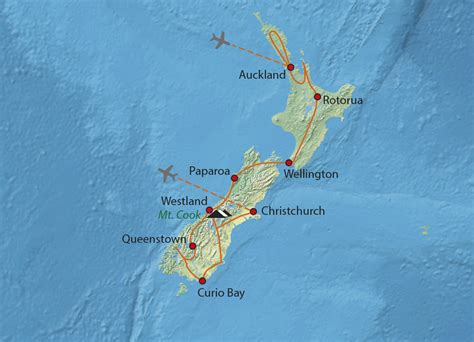 Mapa Nového Zélandu s vyznačením trasy trajektu mezi Wellingtonem a Pictonem