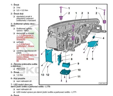 Detailní schéma výměny žárovky potkávacího a dálkového světla u Octavie III.
