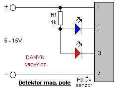 Infografika: schéma zapojení Hallova čidla v TO-92 pouzdře a průchod magnetického pole