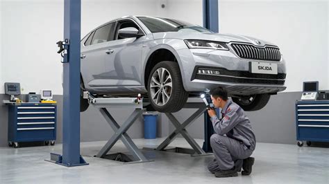 Mechanik kontroluje vůz na zvedáku