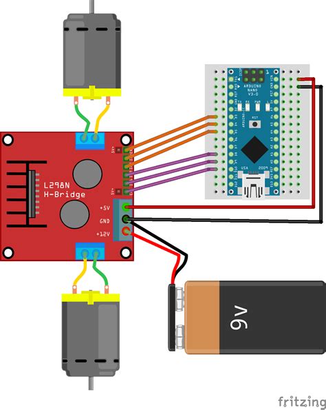 Schéma zapojení Arduino Motor Shield s Arduinem a motory