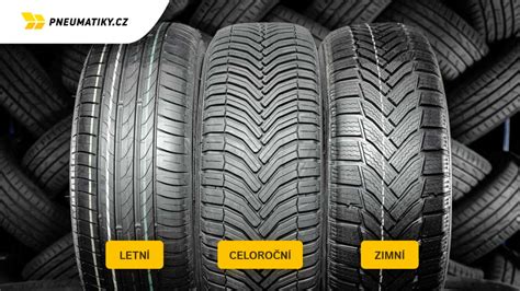 Ilustrace různých typů pneumatik (letní, zimní, celoroční) s popisem jejich vlastností.