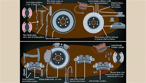 Ilustrace brzdového systému s vyznačenými brzdovými destičkami a kotouči.
