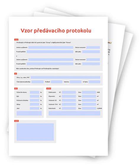 Infografika znázorňující strukturu předávacího protokolu s hlavními sekcemi: identifikace, seznam předávaného vybavení, fotodokumentace, stav nemovitosti, podpisy.