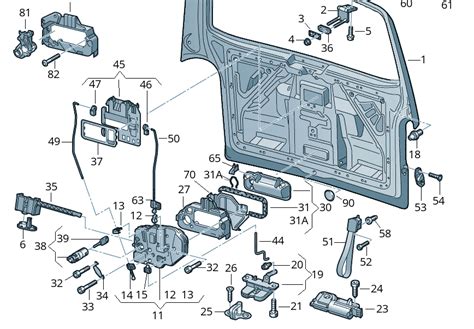 Schéma s vyznačenými šrouby a sponami pro demontáž panelu dveří Audi A6 C5